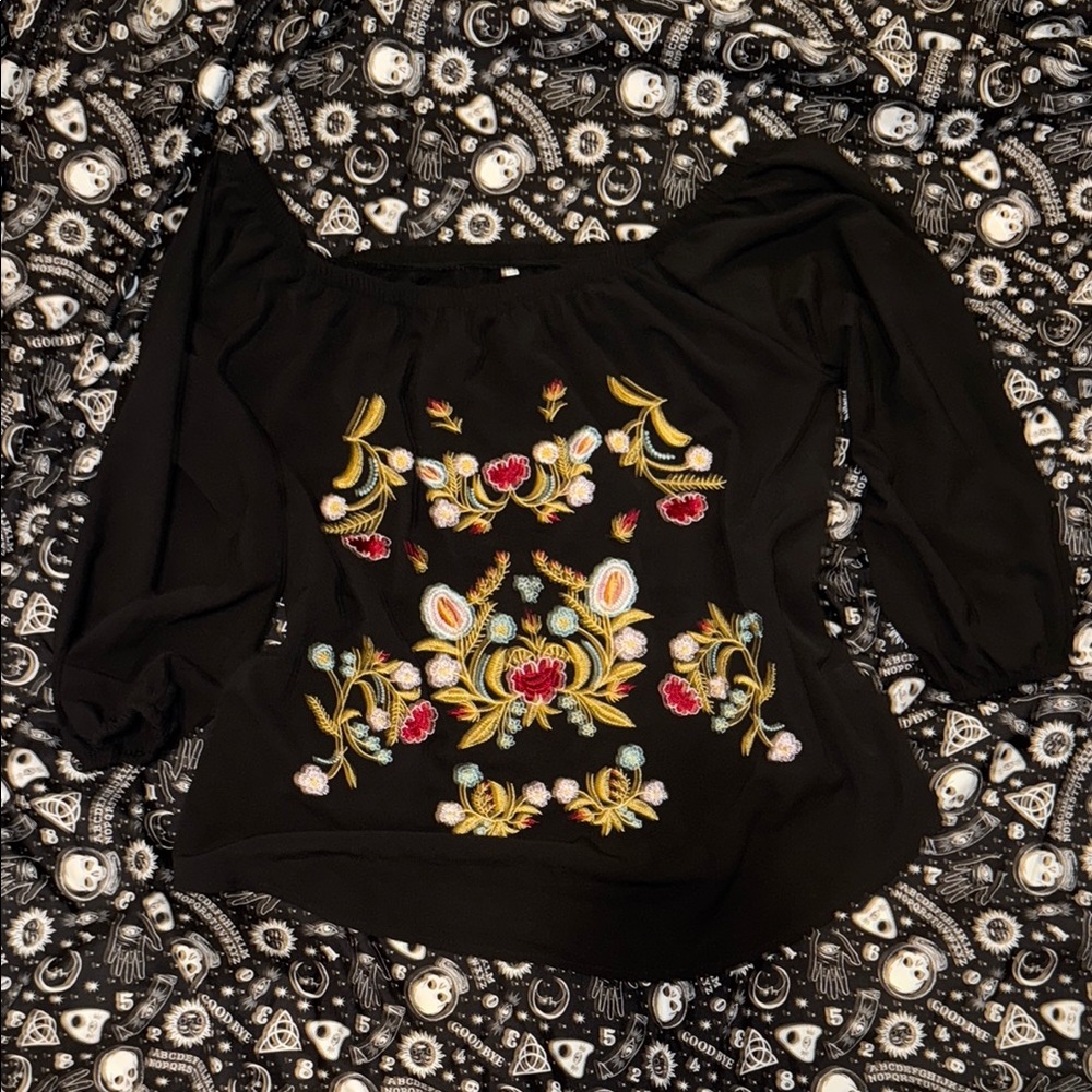 Embroidered Black Floral Women's Top
